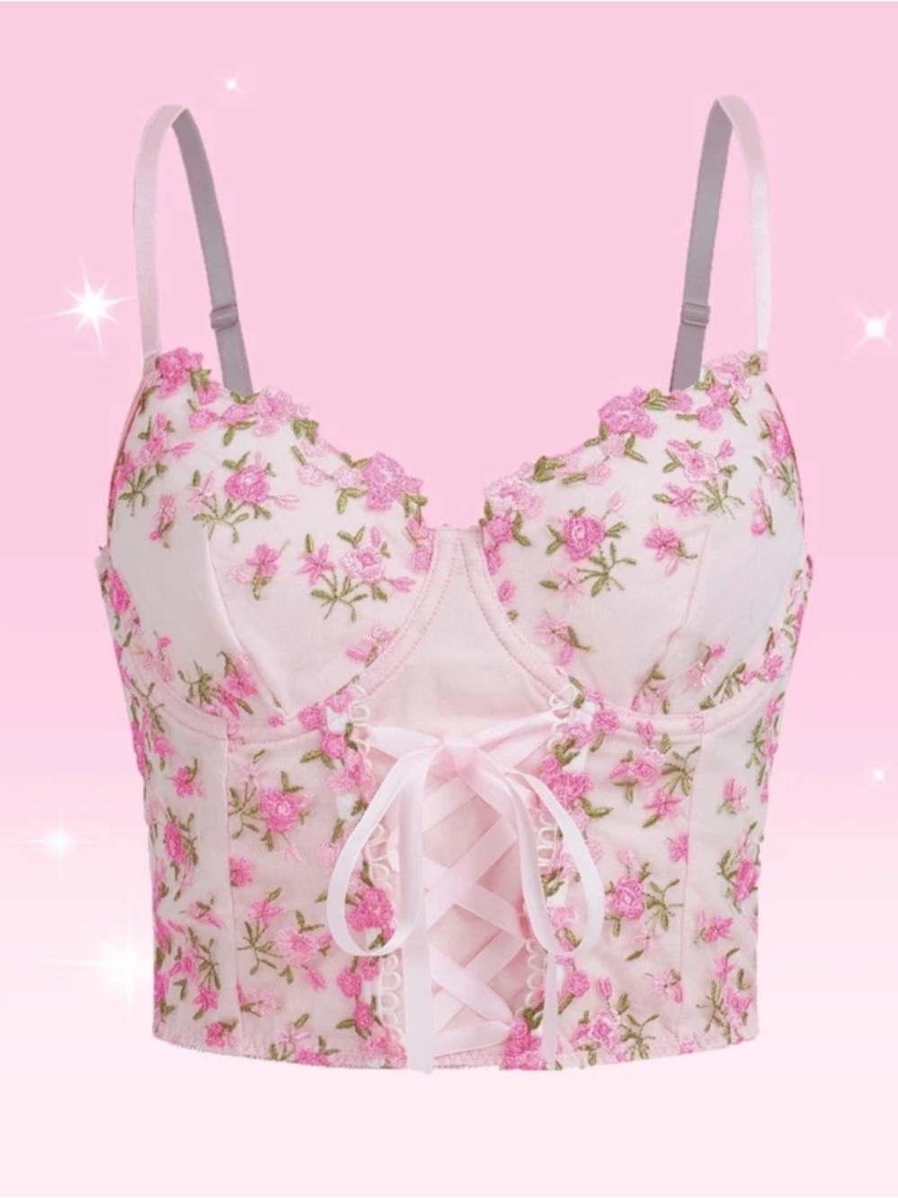 ROMWE Pink Floral Lace-Up Bustier Crop Top
